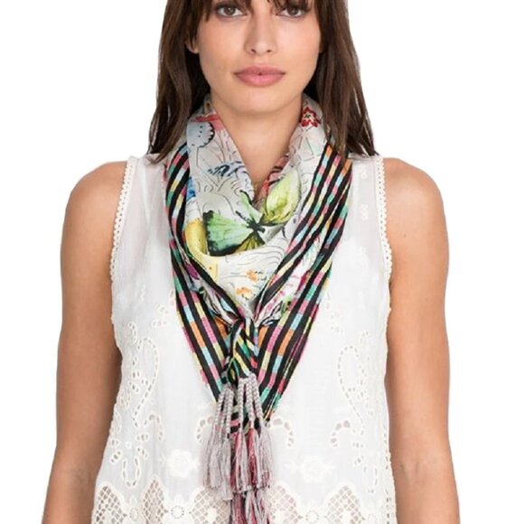 Johnny Was Mitchie Butterfly Silk Scarf Square Large Floral Tassels White NEW - Picture 2 of 7